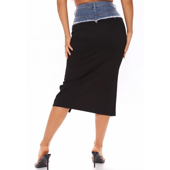Have It Both Ways Black & Denim Contrast High‑Waist Zipper Midi Skirt Sz S - Picture 4 of 4